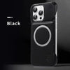 Black leather iPhone case with centered magnetic ring and composed matte-like finish