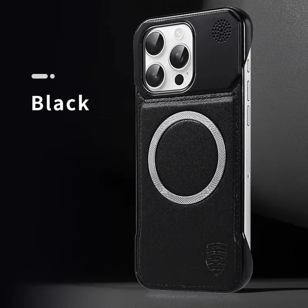 Black leather iPhone case with centered magnetic ring and composed matte-like finish