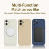 Magnetic silicone iPhone case demonstrating wireless charging compatibility and card holder use.