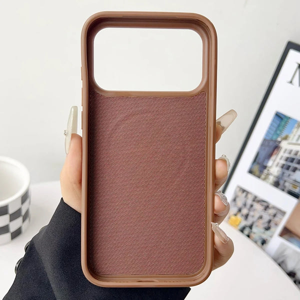 Brown woven iPhone case interior frame showing slim fit and full camera opening