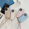 Pink leather iPhone case with crossbody strap detail
