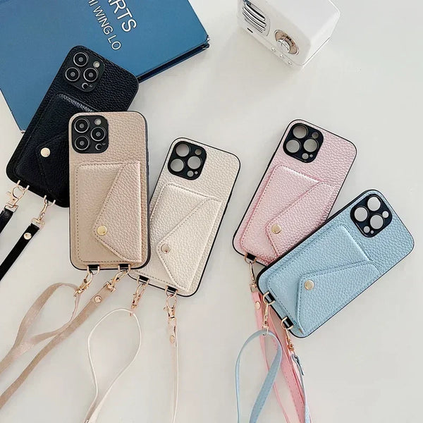 Pink leather iPhone case with crossbody strap detail