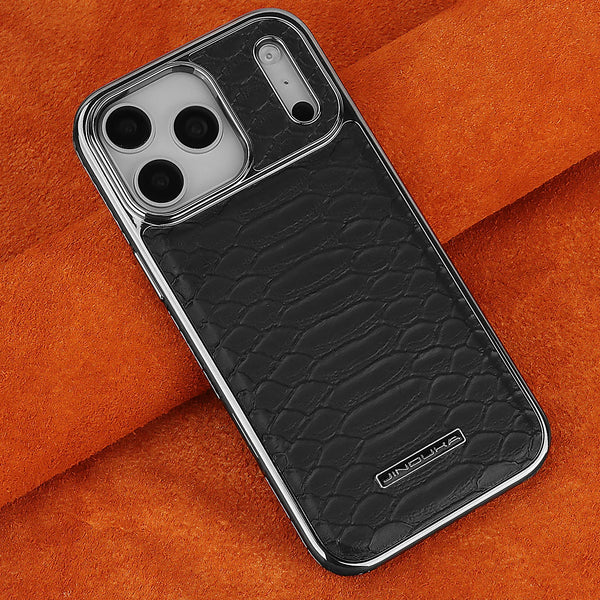 Brown snake-texture iPhone case close-up highlighting the polished edge detail