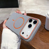 Gray matte iPhone case with slim soft shell and bold orange camera frame