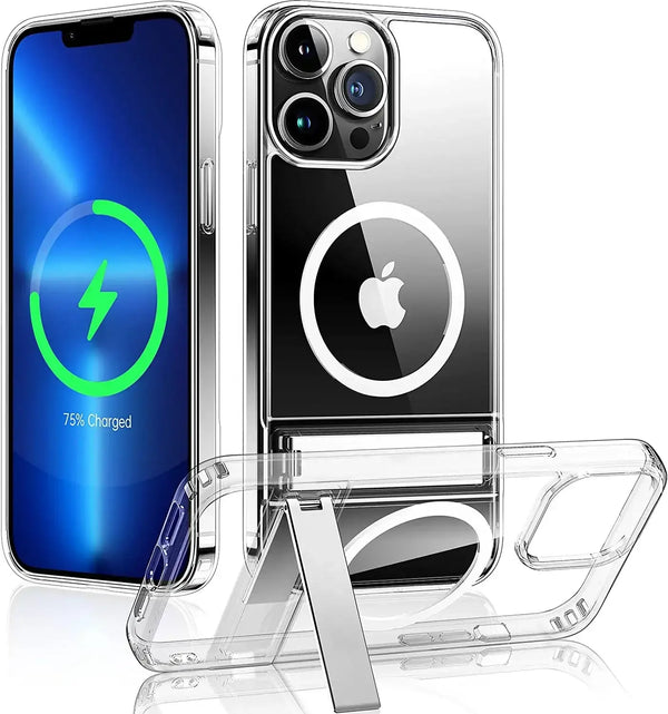 Transparent MagSafe kickstand iPhone case shown on the back and front view