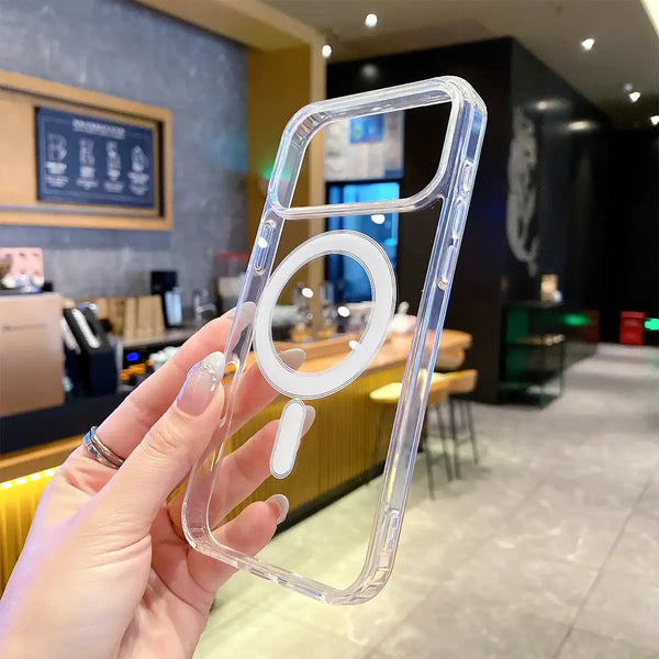 Transparent magnetic iPhone case photographed at an angle to show slim full coverage