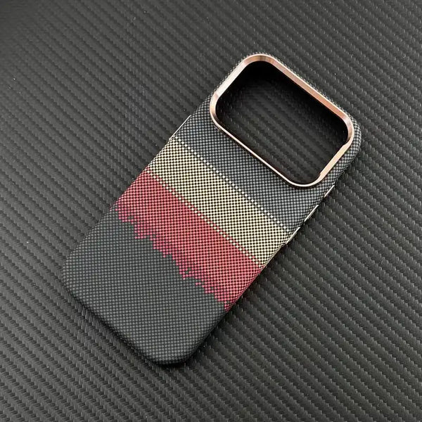 Carbon-inspired slim iPhone case with gold-toned camera frame and textured finish