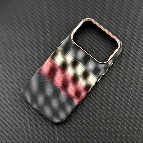 Carbon-inspired slim iPhone case with gold-toned camera frame and textured finish