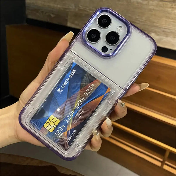 Purple transparent wallet case for iPhone with card holder and precise cutouts
