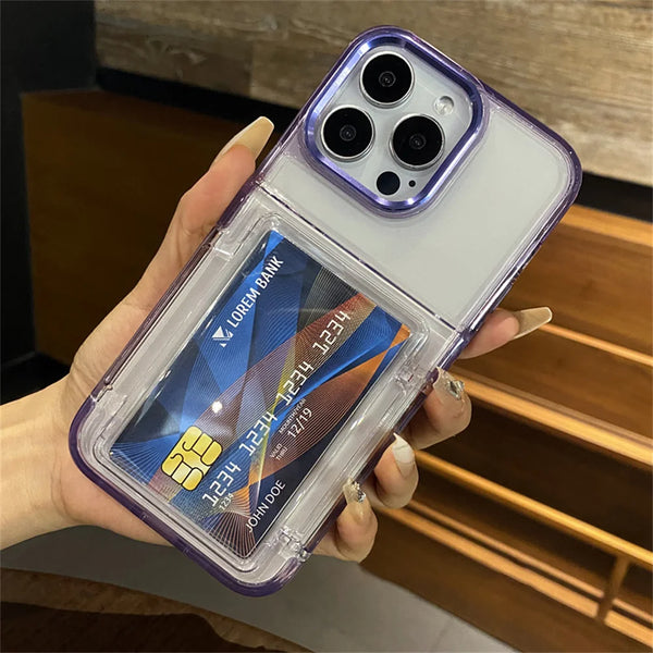 Purple transparent wallet case for iPhone with card holder and precise cutouts