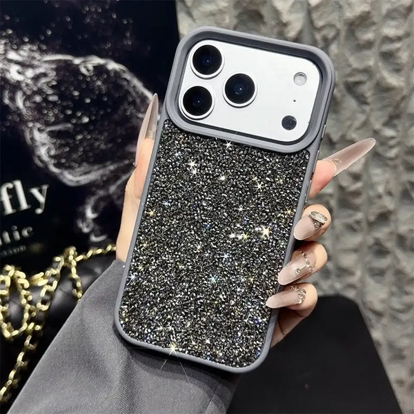 Gray rhinestone glitter shockproof bumper case for iPhone 17 Pro with textured sparkle back