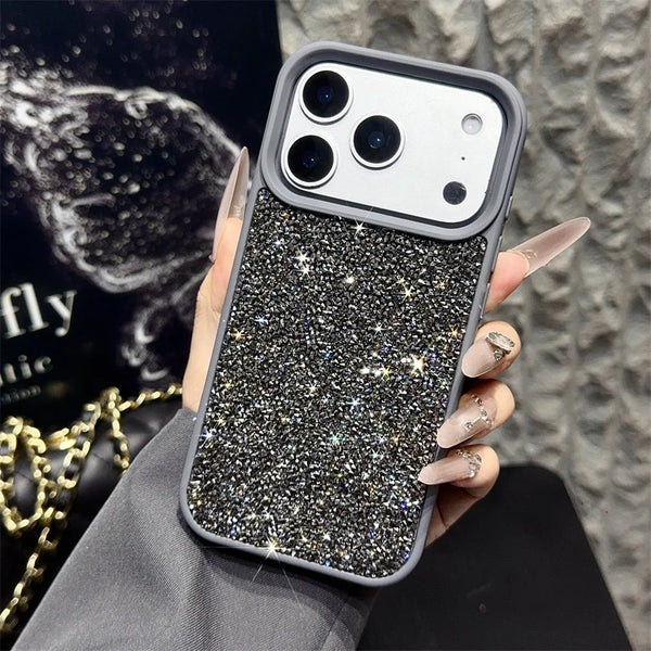 Gray rhinestone glitter shockproof bumper case for iPhone 17 Pro with textured sparkle back