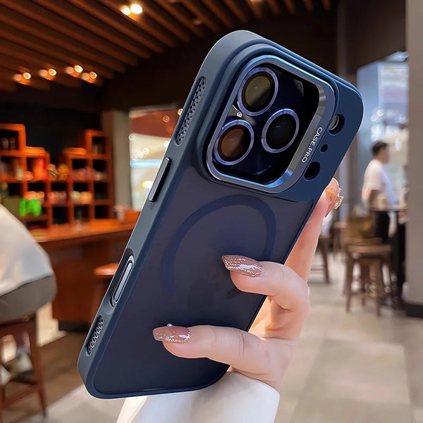 Deep blue matte iPhone case with magnetic compatibility and polished camera surround