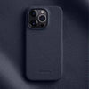 Navy leather iPhone 16 Pro case texture close-up