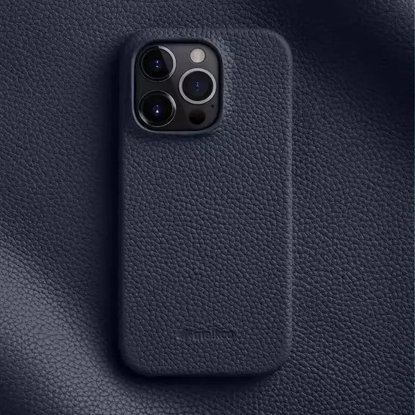 Navy leather iPhone 16 Pro case texture close-up