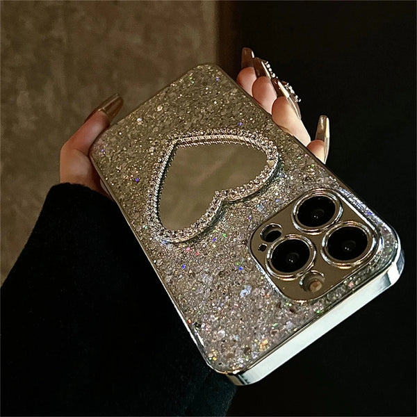 Angled view of silver sparkle iPhone case showing the heart mirror detail