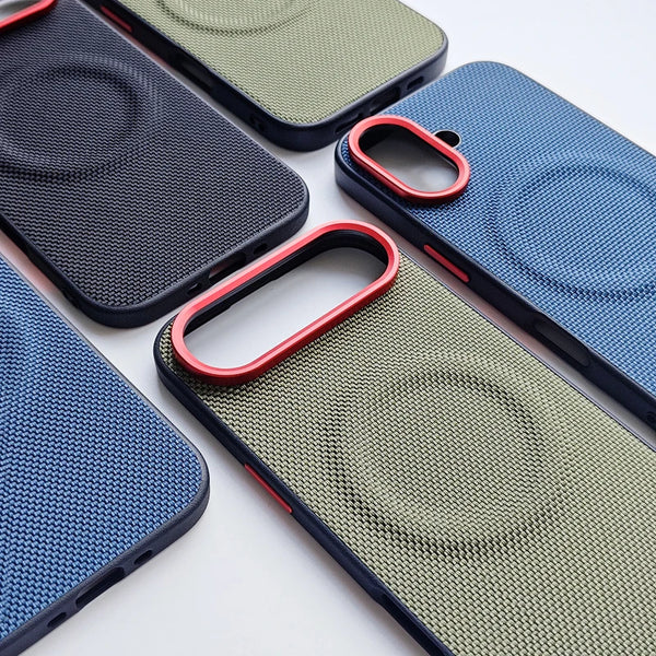 Black woven leather iPhone 17 case with red camera frame shown at an angle