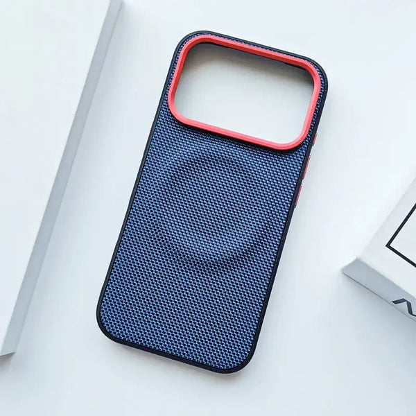 Blue woven leather iPhone 17 case highlighting the slim profile and red camera frame