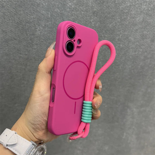 Pink matte iPhone case with secure strap and raised camera protection.