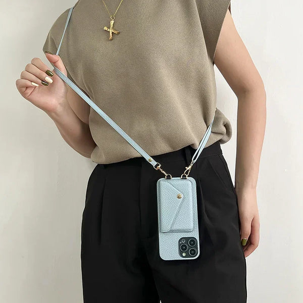 Leather Lanyard Card Holder Case for iPhone with Crossbody Strap