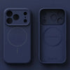 Deep navy matte silicone iPhone case with magnetic alignment circle on the back