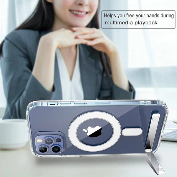 Clear iPhone case standing upright for hands-free viewing