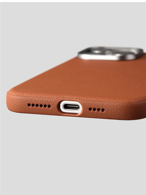 Bottom edge view of the leather-look iPhone case showing precise port cutouts
