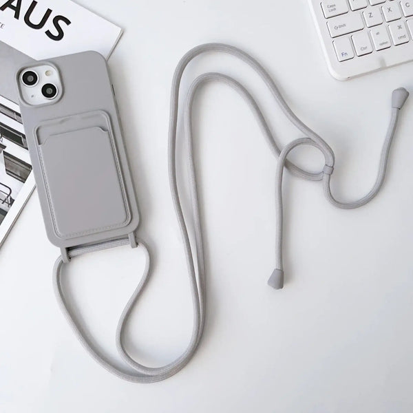 Light gray iPhone case with hands-free strap and slim built-in card compartment.