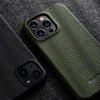 Black leather iPhone 16 Pro case with camera opening