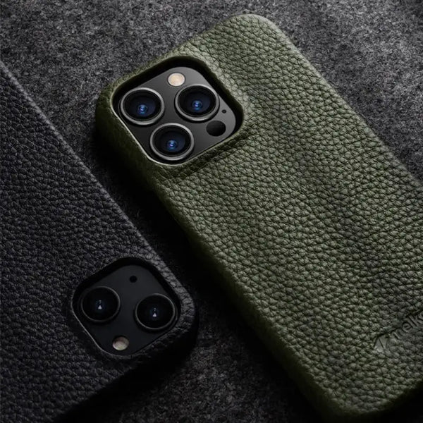 Black leather iPhone 16 Pro case with camera opening