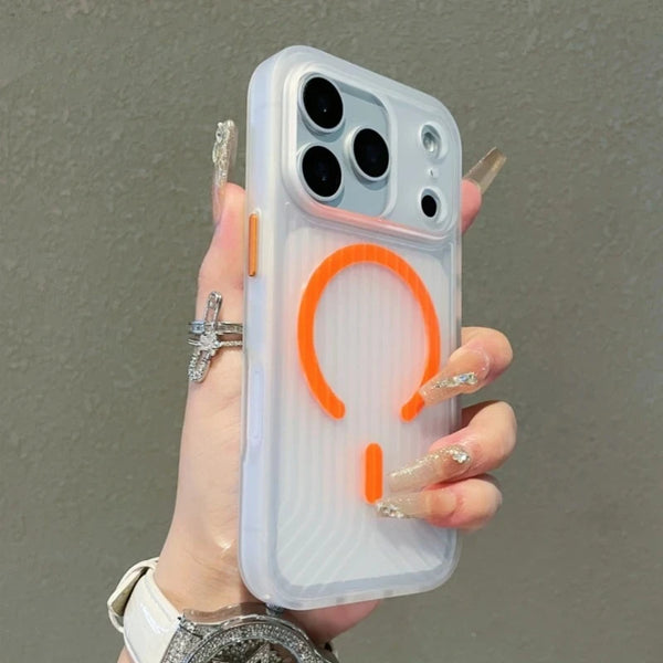Translucent frosted iPhone case with orange magnetic circle detail on a hand