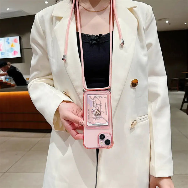 Pink transparent iPhone lanyard case worn crossbody for hands-free carry