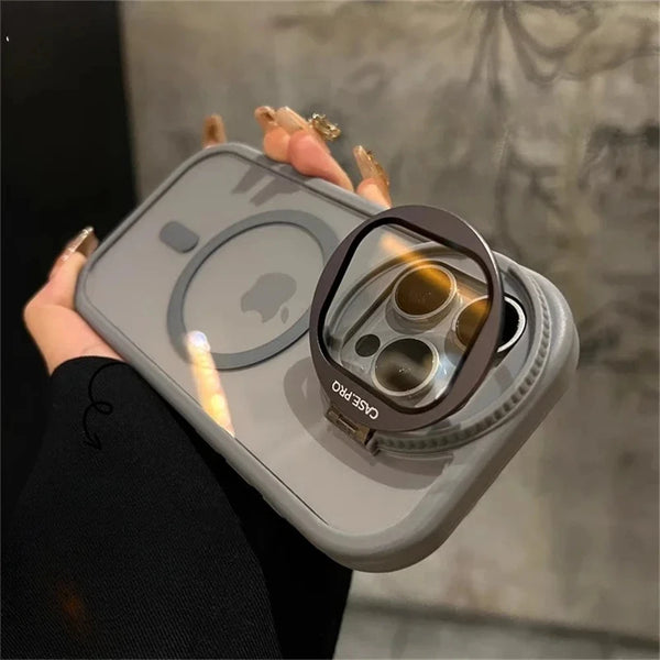 Gray transparent iPhone case with matte finish, camera bumper, and fold-out stand