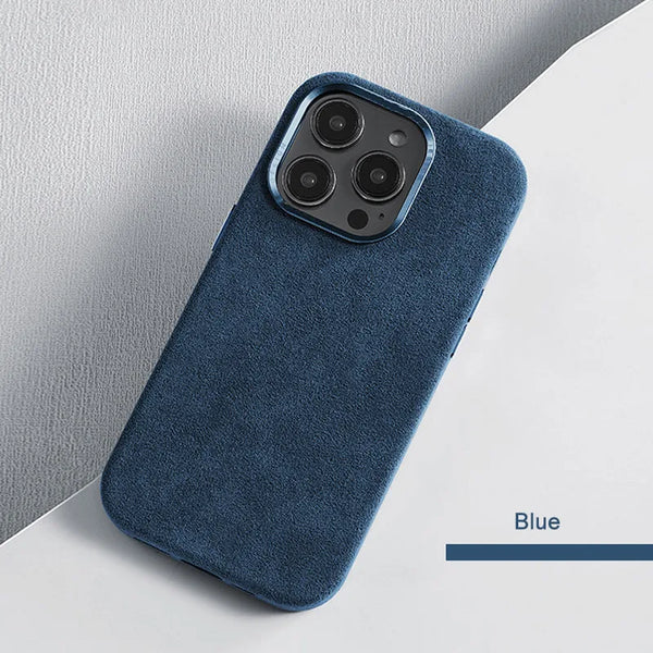 Blue version of the leather magnetic iPhone case with clean lines and rounded edges