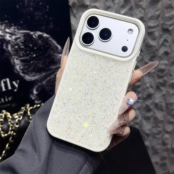 White rhinestone glitter iPhone 17 Pro bumper case with bright shimmer finish and camera protection