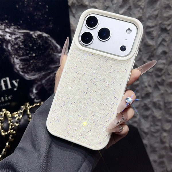 White rhinestone glitter iPhone 17 Pro bumper case with bright shimmer finish and camera protection