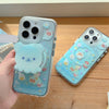 Two clear pastel bear MagSafe stand cases shown side by side on a desk