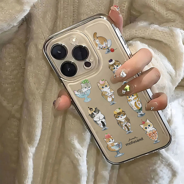 Close-up of the clear cat iPhone case showing the glossy transparent edge and playful cat illustrations.