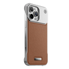 Brown magnetic leather iPhone case shown on the back with centered ring and raised camera area