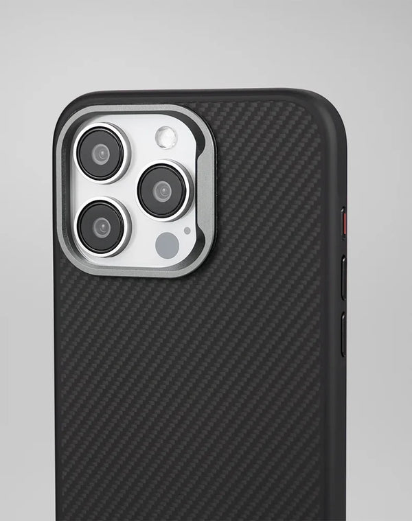 Back view of black carbon-texture iPhone case showing triple-camera cutout and clean side profile
