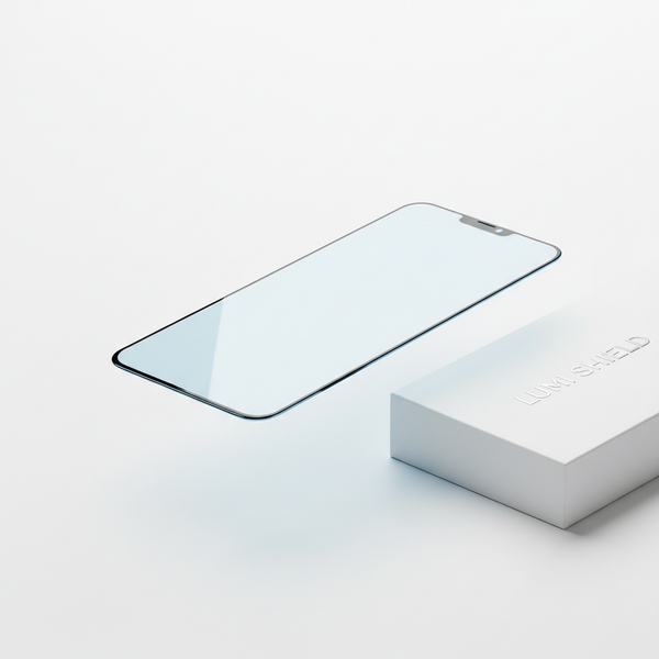 Premium Tempered Glass Screen Protector floating on white background with blue light reflection