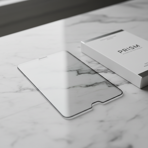Premium tempered glass screen protector on marble surface showing ultra-thin profile