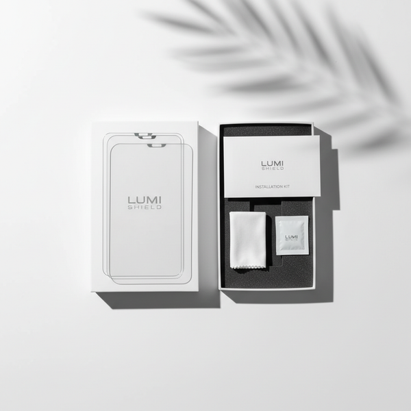 Screen protector flat lay with premium packaging box on white background