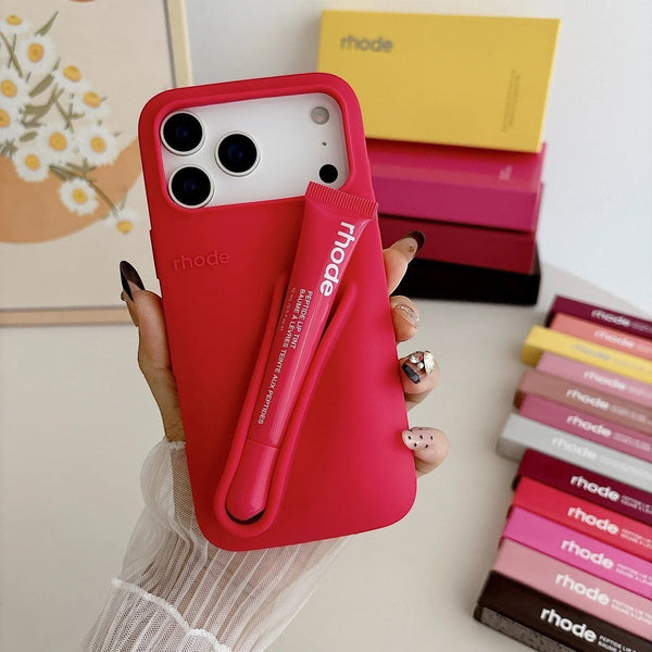 Red The Viral Lip Gloss iPhone Case with gloss holder attached.