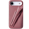 Trendora dusty rose matte silicone iPhone case with built-in holder for lip gloss and raised camera protection.