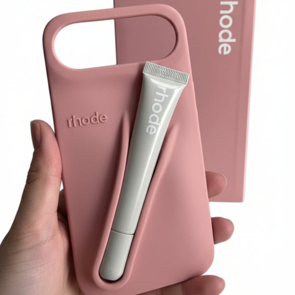 Trendora light gray matte silicone iPhone case with built-in lip gloss holder, raised camera bumper, and box.