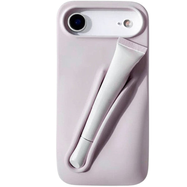 Trendora light gray matte silicone iPhone case with built-in holder for lip gloss and raised camera protection.