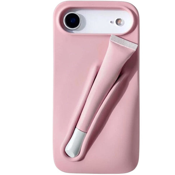 Trendora pink matte silicone iPhone case with built-in holder for lip gloss and raised camera protection.