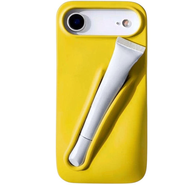 Trendora yellow matte silicone iPhone case with built-in holder for lip gloss and raised camera protection.