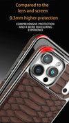Brown snake-texture iPhone case with polished framing and raised camera edge